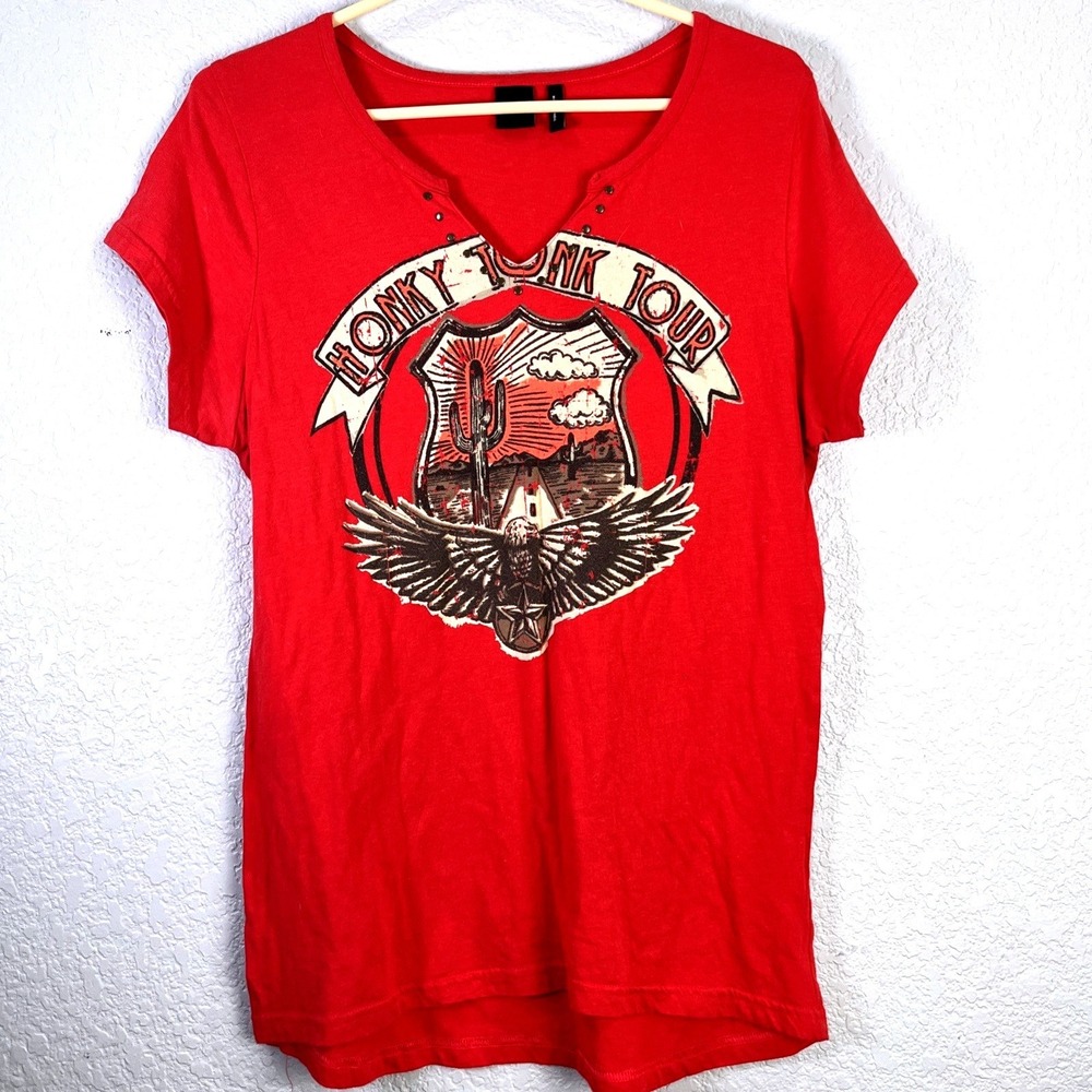 Cruel T-Shirt Womens L‎ Red Honky Tonk Tour Graphic Studded V-Neck Festival